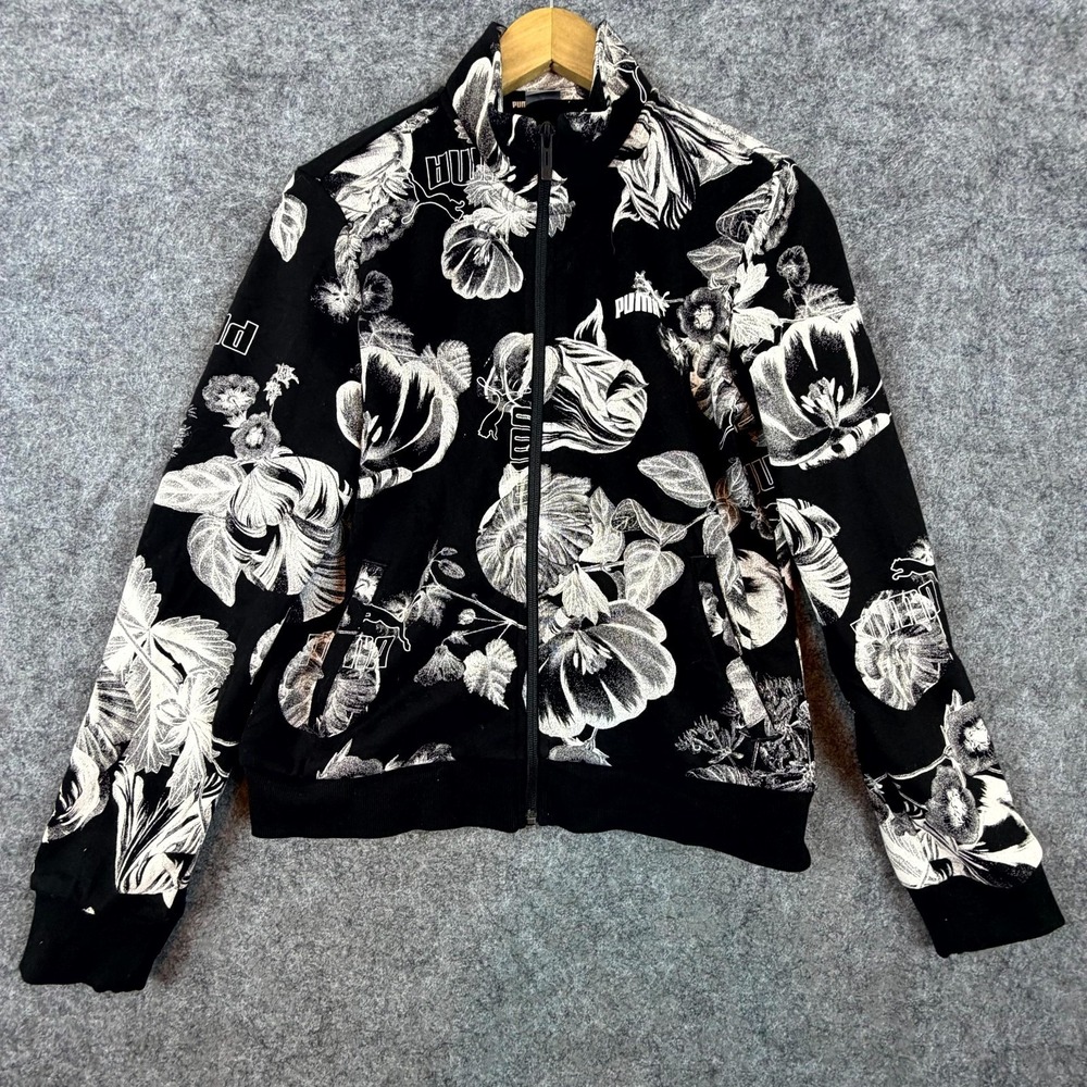Puma Track Jacket Women Medium Black White Floral Mock Neck Long Sleeve Full Zip
